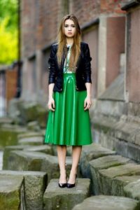 green-long-flowing-patent-vinyl-dress