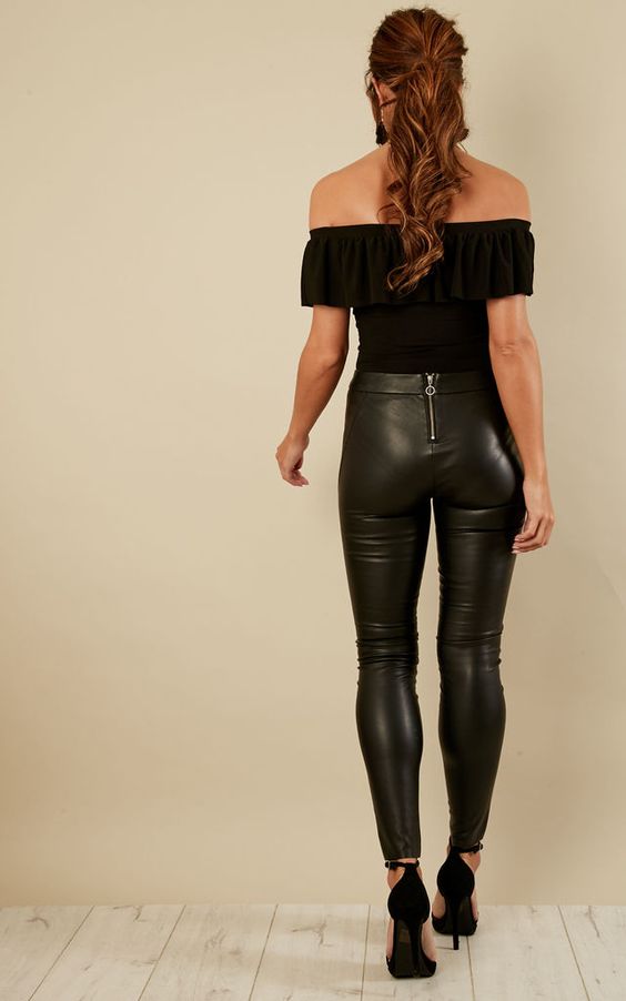 Black faux leather pants with back zipper