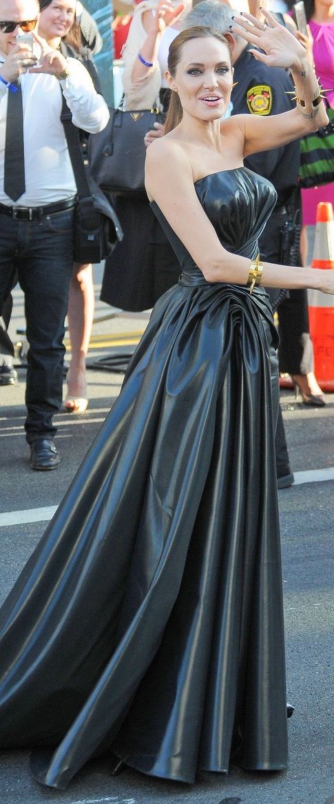 Angelina Jolie long gathered PVC dress