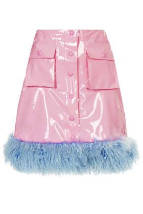 Pink PVC skirt with fuzzy hem