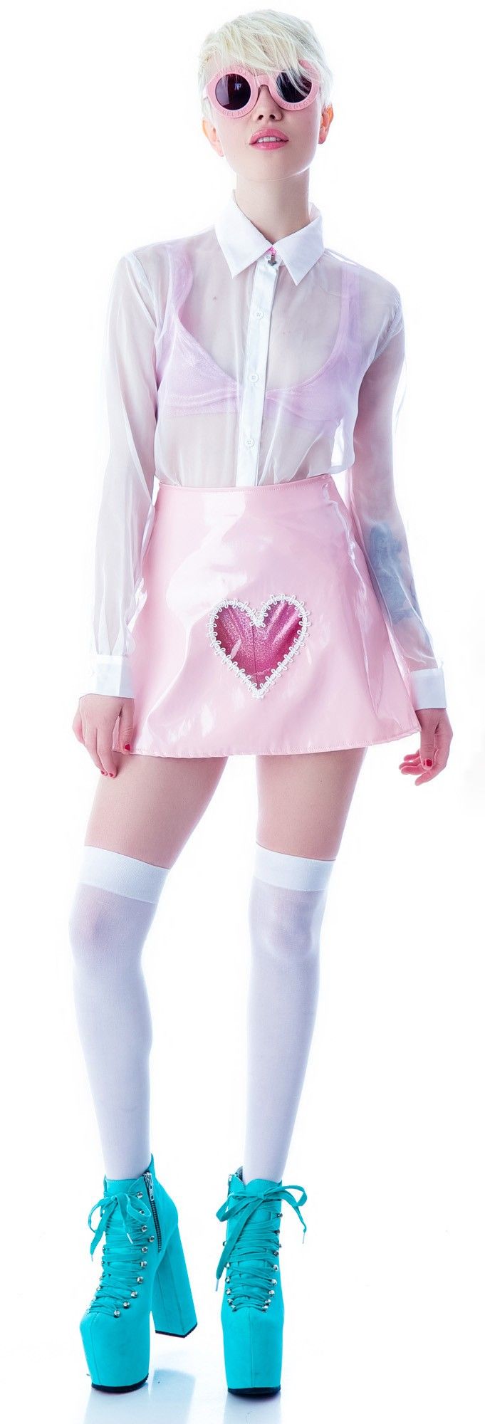Baby pink vinyl skirt.