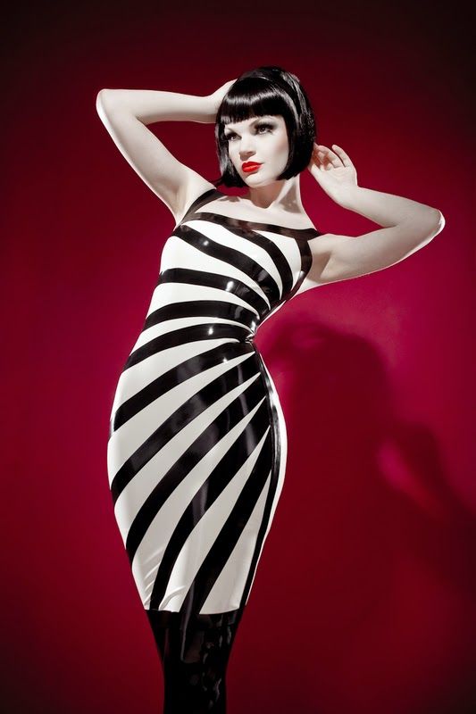 Black and white side-striped latex dress