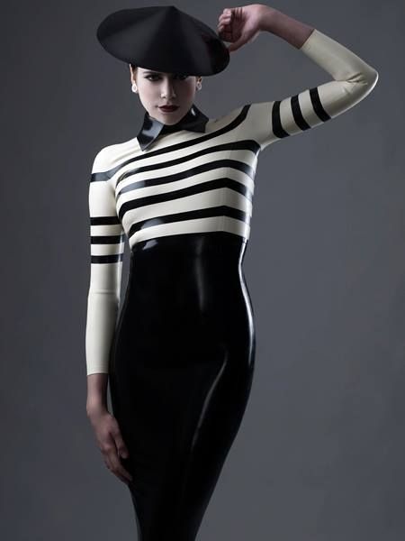 Black and white striped latex dress