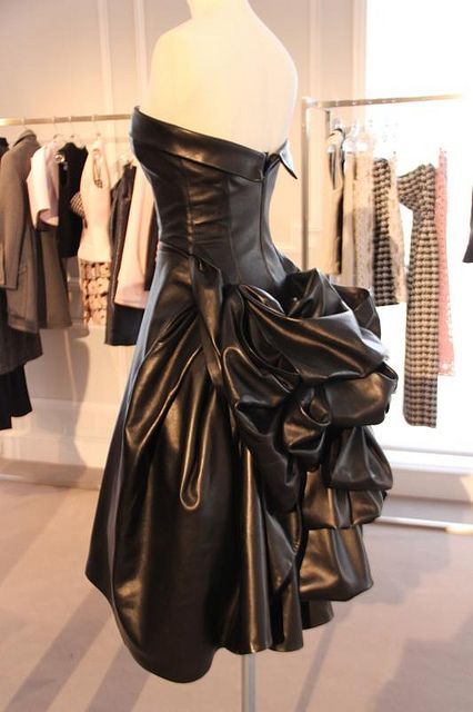 Black faux leather dress with bustle