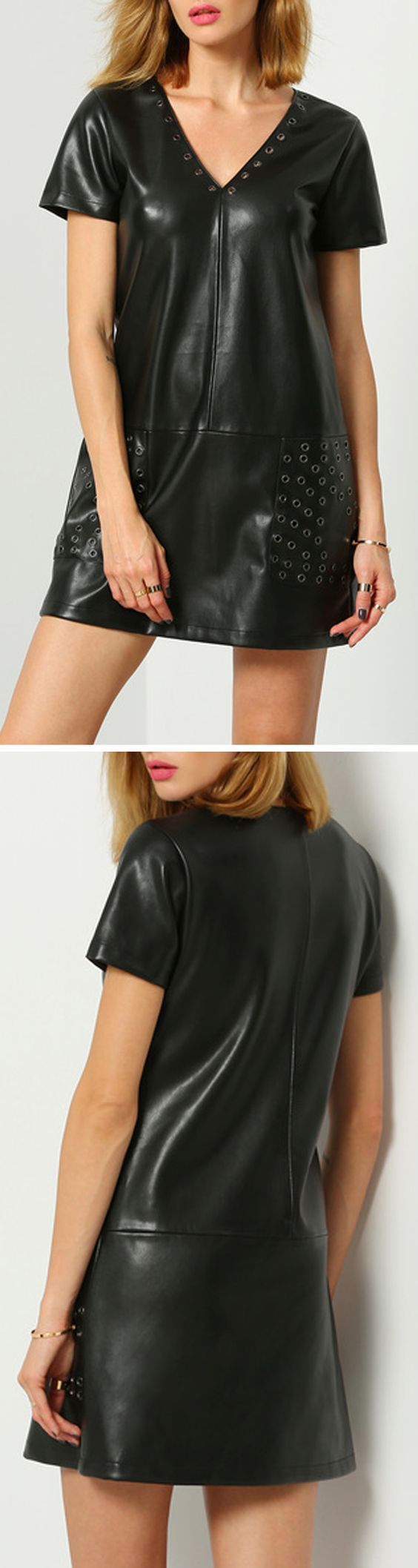 Black faux leather dress with eyelets