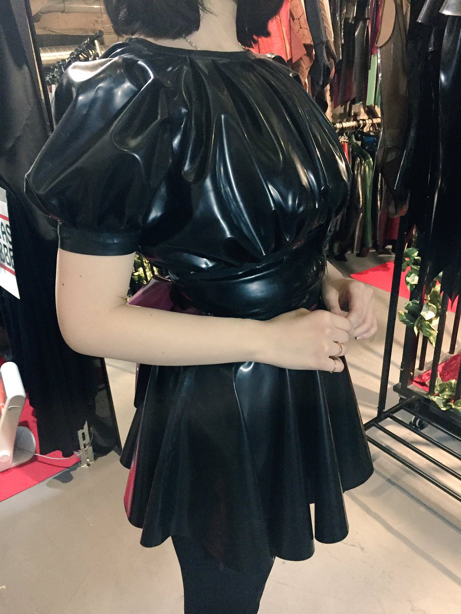 Black latex gathered mini dress