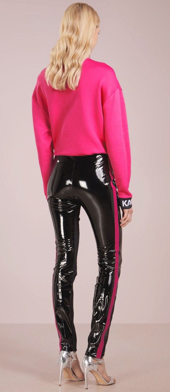 Black PVC pants with pink stripe