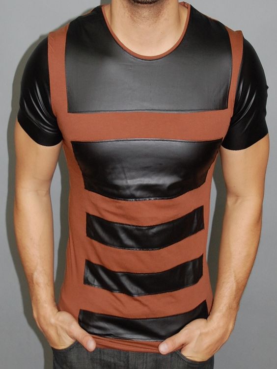Mens stretch leather paneled shirt
