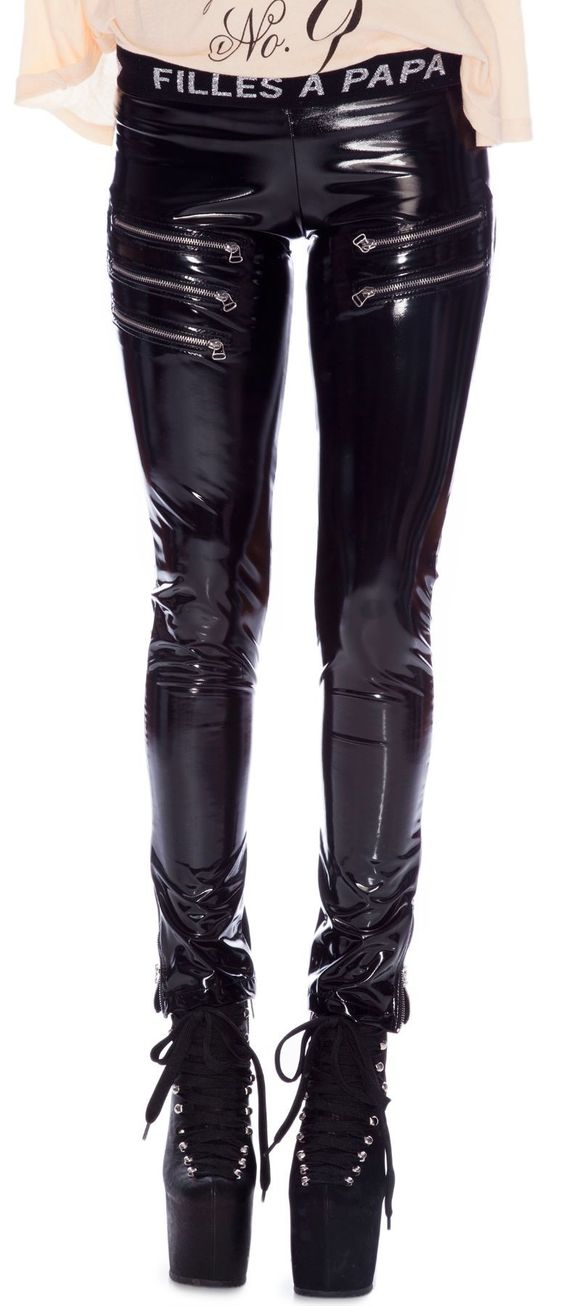 Black PVC pants with zipper detail