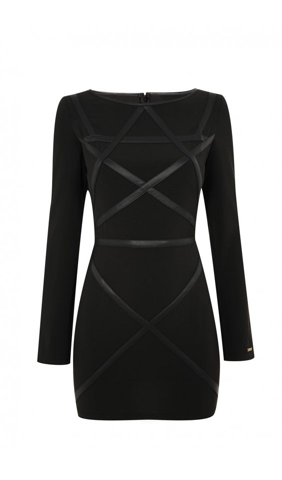 LBD with geometric black vegan leather strapping