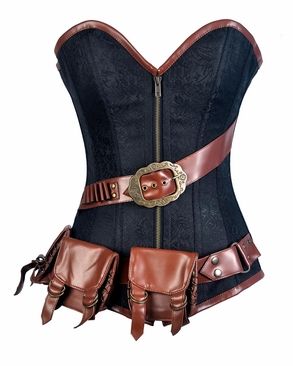 Steampunk corset with brown faux leather trimmings