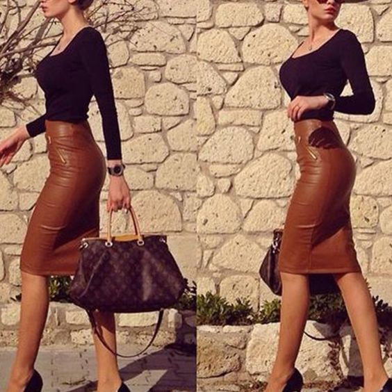 Brown faux leather pencil skirt