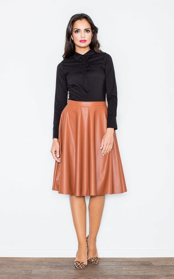 Brown faux leather flared skirt