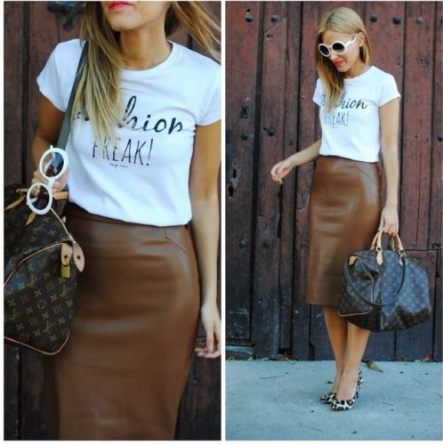 Brown faux leather pencil skirt