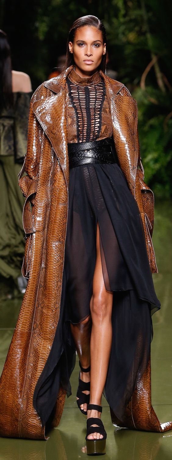Brown snakeskin fabric trench and top