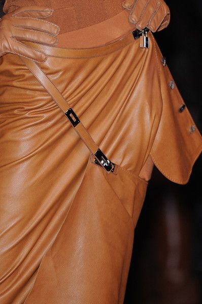 Hermes brown leather asymmetrical skirt.
