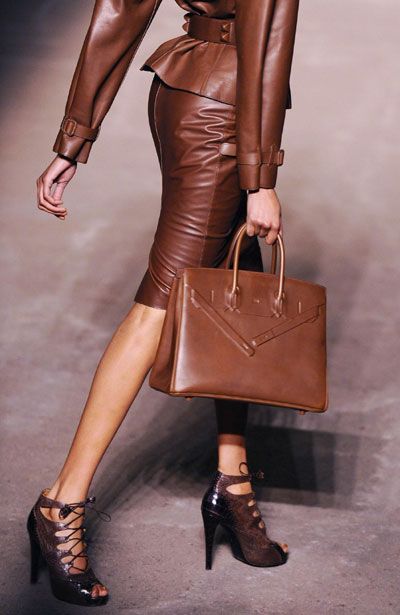 Brown leather office outfit