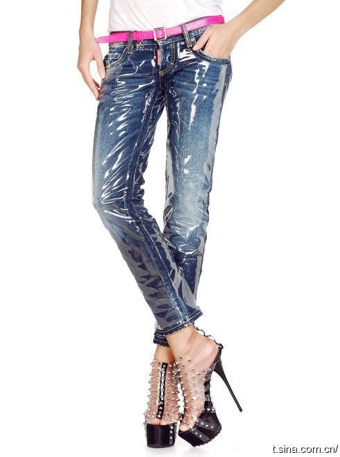Jeans with clear vinyl overlay