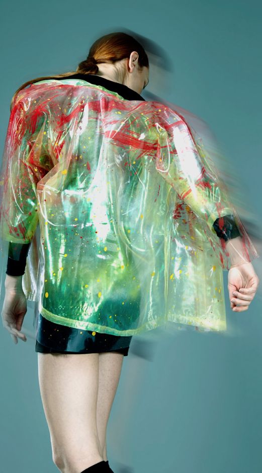 Paint-splashed clear vinyl jacketc