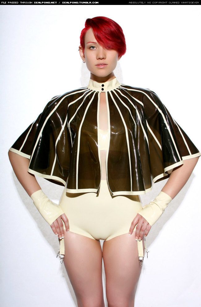 Couture latex cape and lingerie.