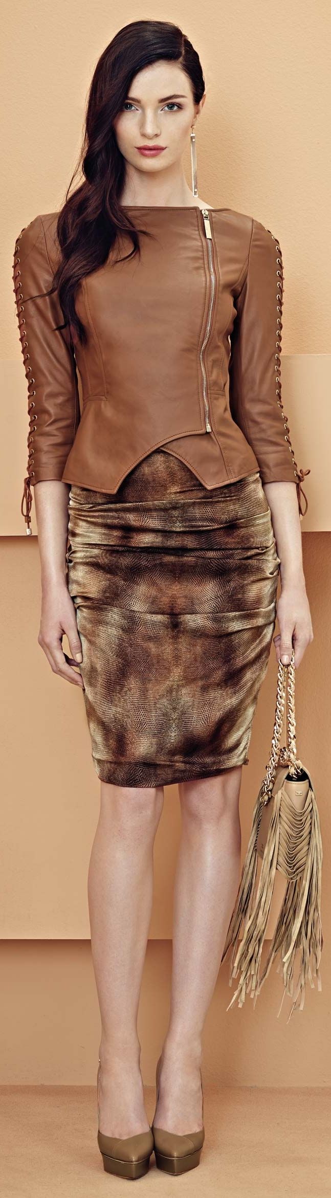 Brown  leather jacket snakeskin skirt