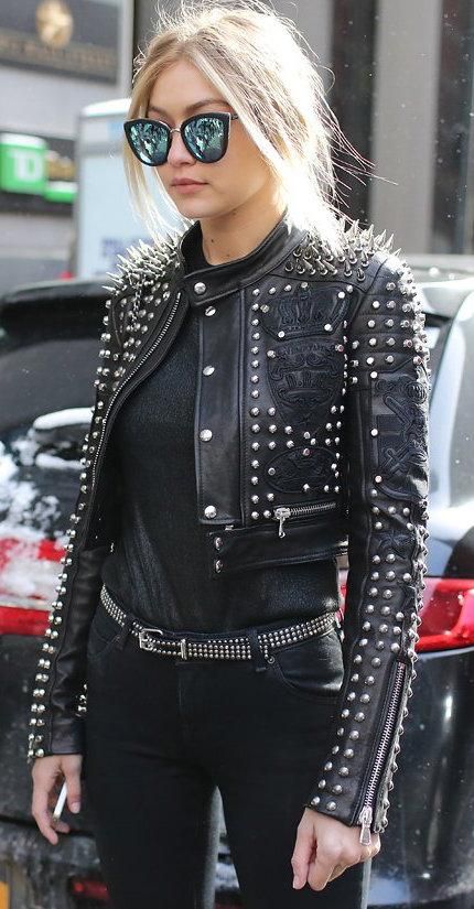 GiGi Hadid in leather and spikes