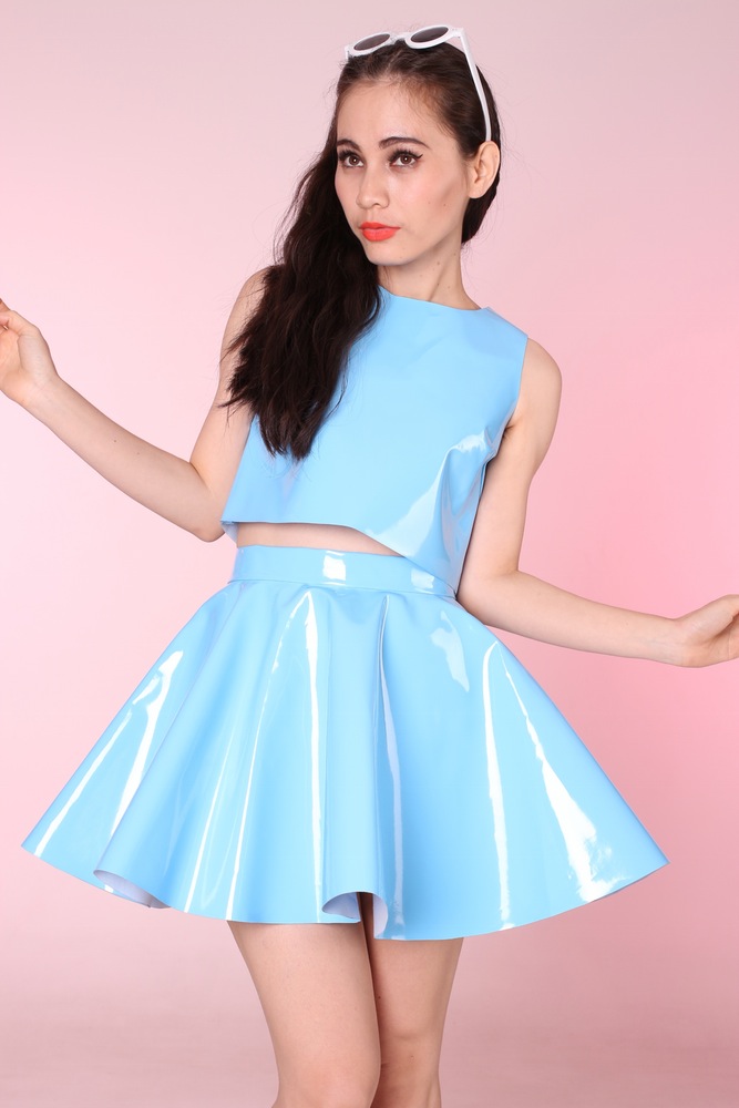 Glossy pastel blue vinyl skater skirt