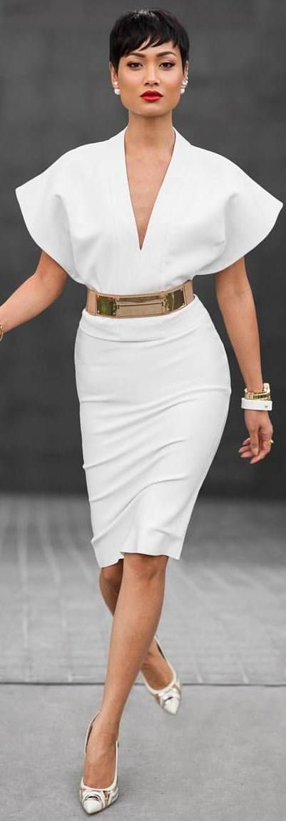 White dress with gold metal belt