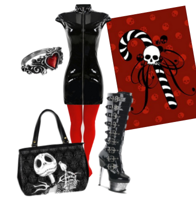 Goth OOTD black vinyl and red stockings