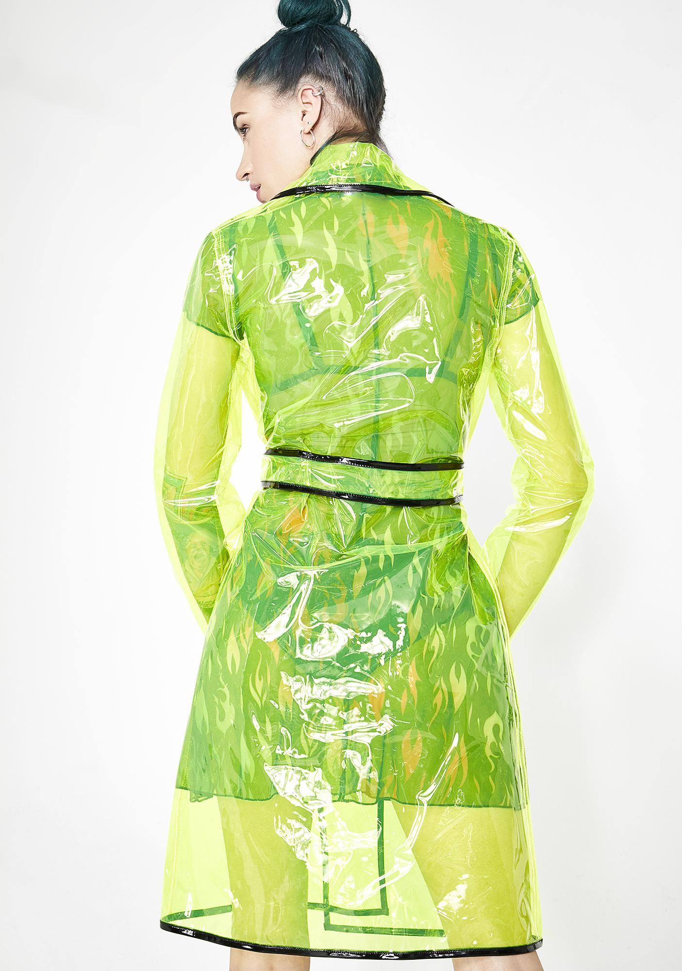 Green clear vinyl material trench coat