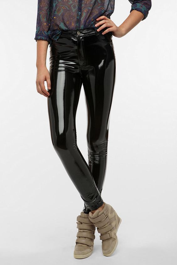 Image of: Black high gloss vinyl pants