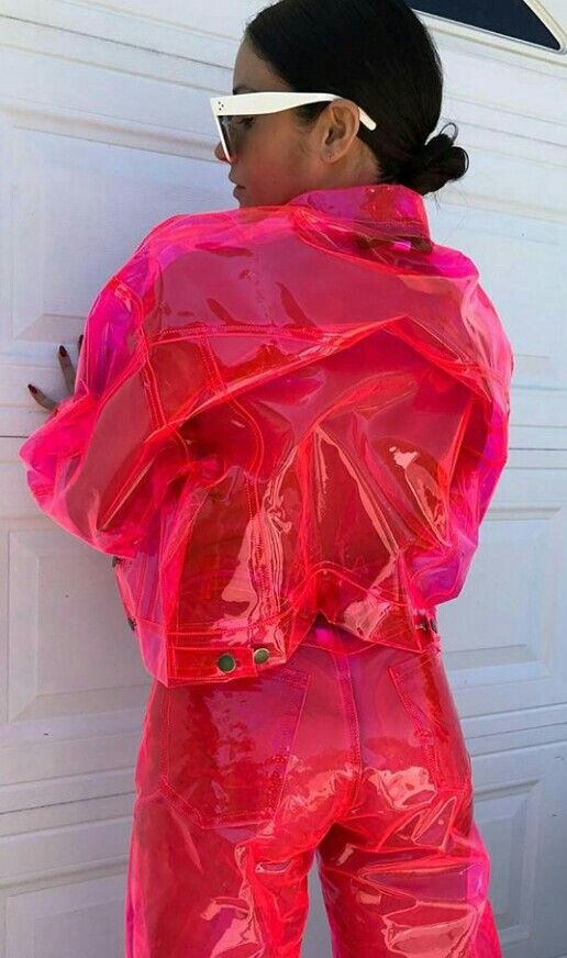 Hot pink clear vinyl jacket and jeans