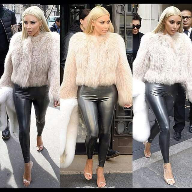 Kim Kardashian silver latex leggings