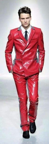 Mens red patent leather suit.