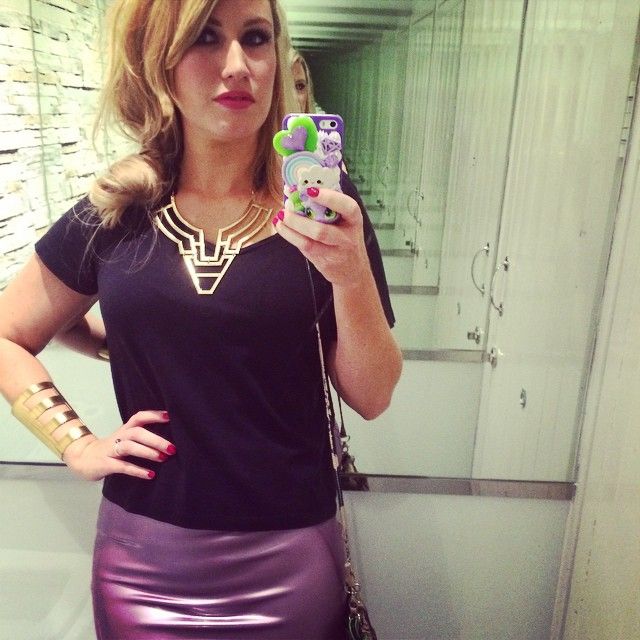 Metallic purple latex skirt selfie.