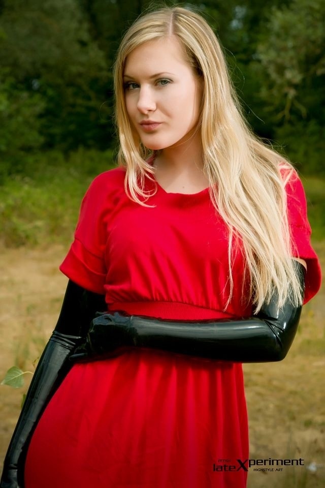 Red dress with long black latex gloves