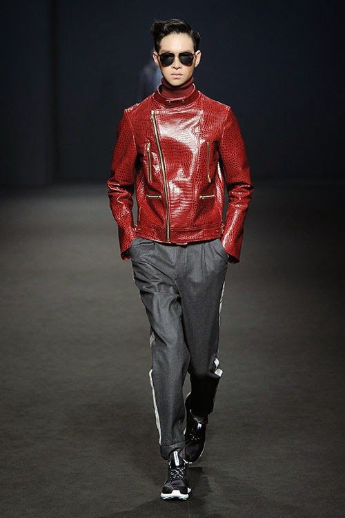 Red crocodile skin mens moto jacket.