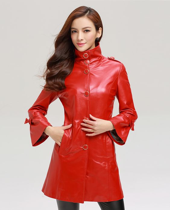 Red leather trench detailing
