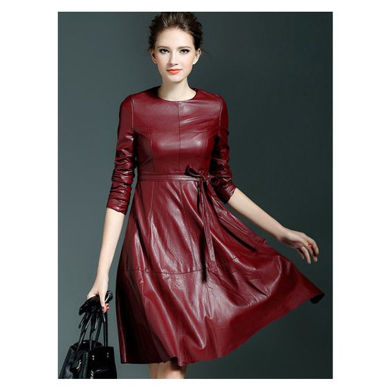 Burgundy red tie-waist leather dress