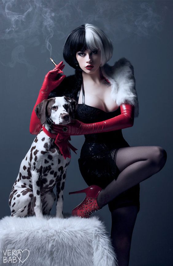 Cruella De Vil costume with red vegan leather gloves