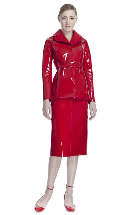 Red patent vinyl skirt suit