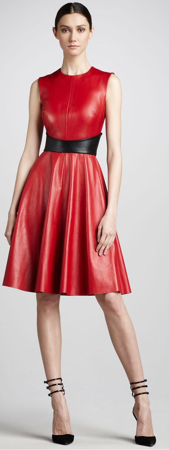 Red faux leather swingy dress