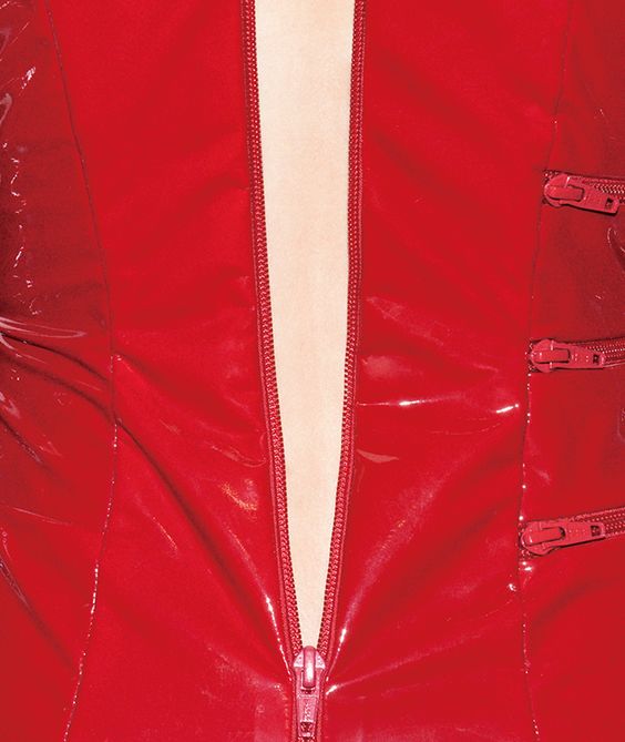 Red dress with exposed zipper