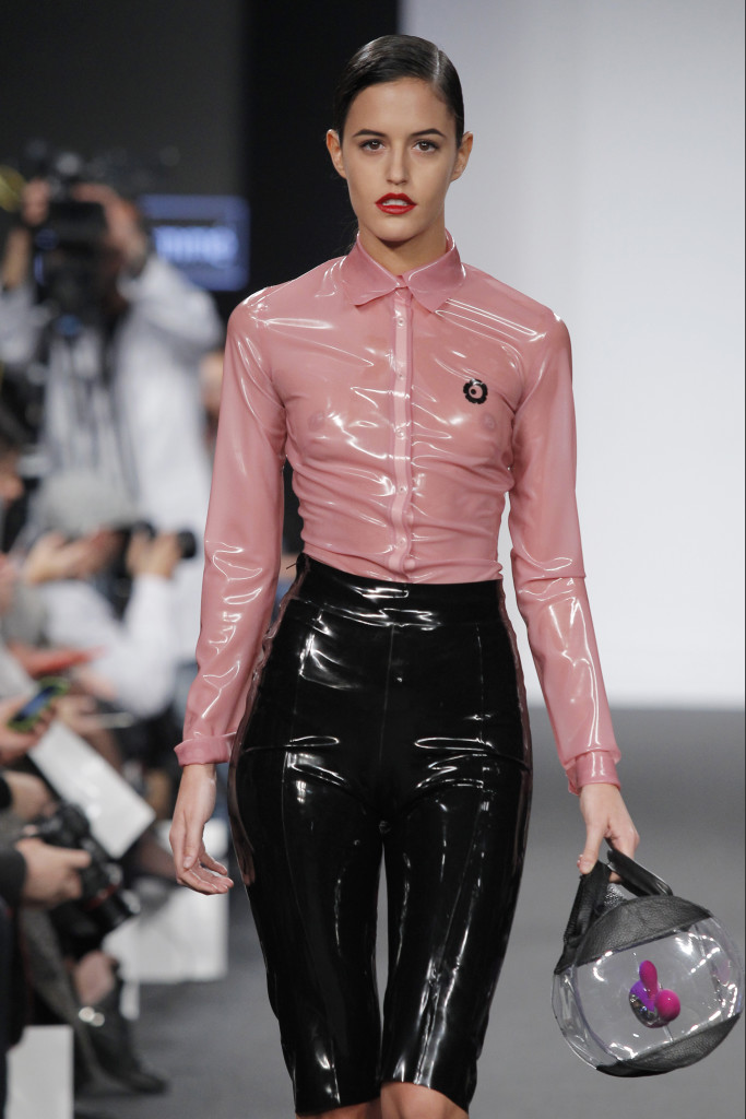 Semi-transparent pink latex button up