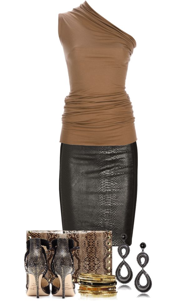Snakeskin pencil skirt and one-shoulder top