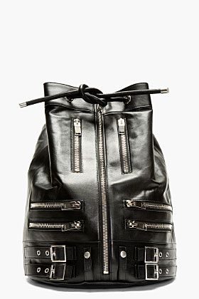 Zippered black leather bucket  backpack.