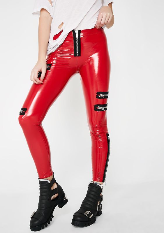 Red PVC leggings with zippers