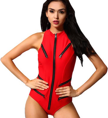 Striking red swimsuit/bodysuit with zippers