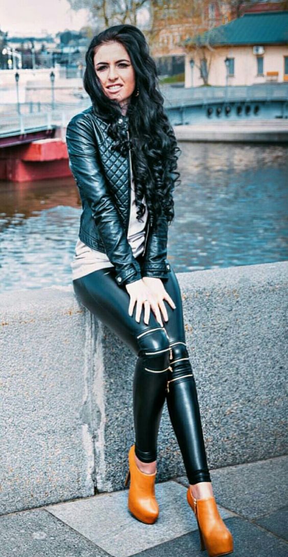 Image of: Black quilted faux leather jacket and sleek faux leather pants