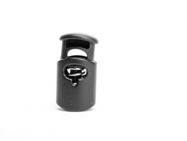 Black barrel shaped cord lock.